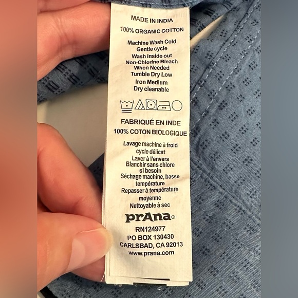 PRANA Garden Long Sleeve Button Down Shirt Steel Blue 100% Organic Cotton Geo - Picture 9 of 11